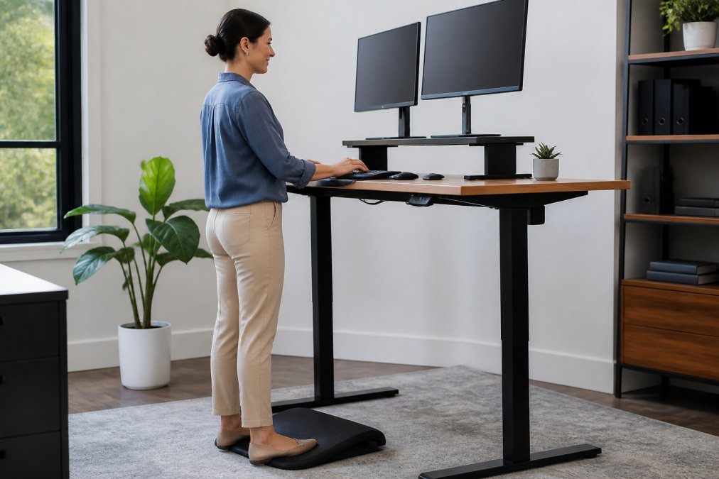 Professional working at standing desk with memory foam footrest, adjustable monitor stand raising screen to eye level, and wrist rest visible, natural office lighting
