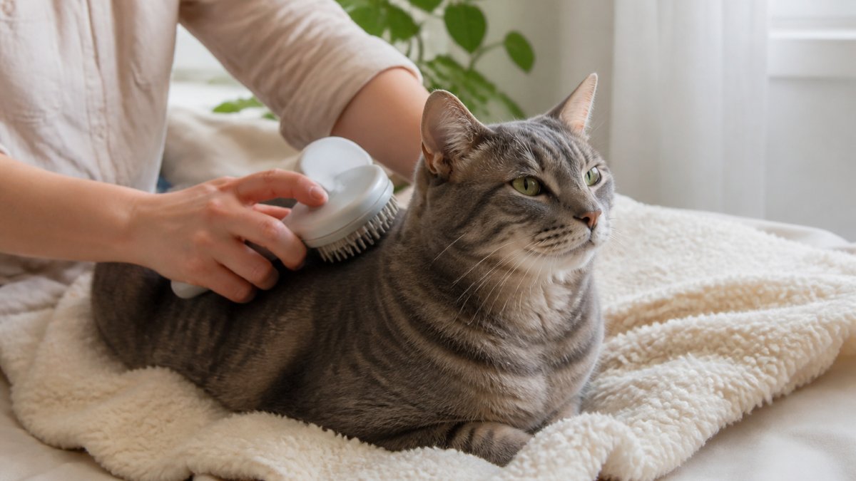 A calm gray tabby cat sitting on a soft cream blanket while a person gently brushes its back with a small handheld grooming brush, natural window light, relaxed body language
