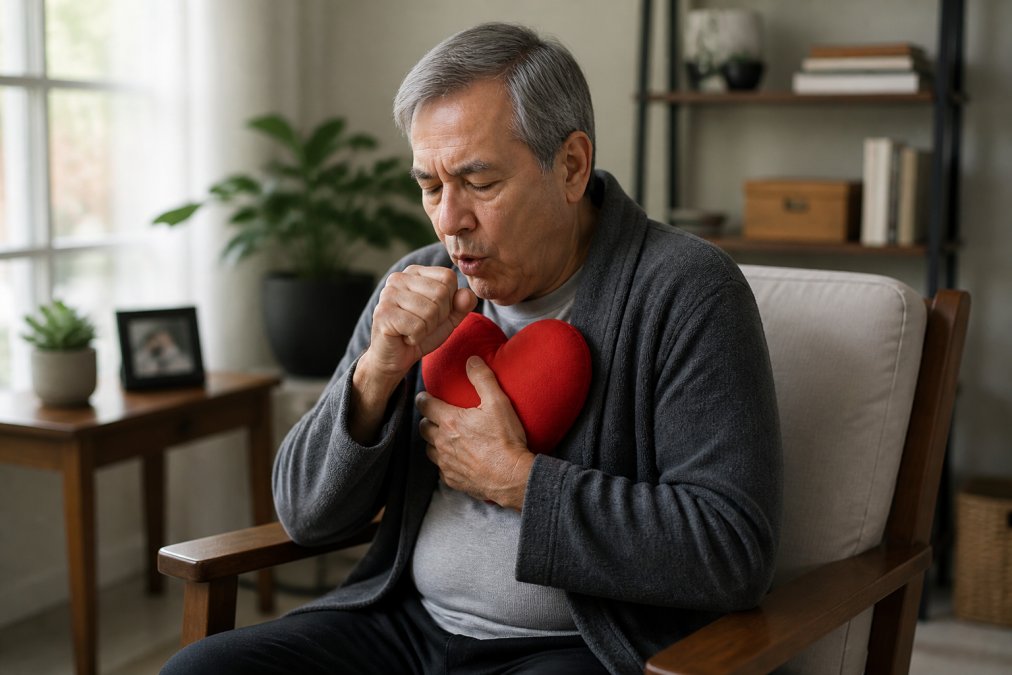 A person in a comfortable home setting, sitting upright in a chair, holding a small heart-shaped pillow firmly against their chest while gently coughing, with a calm and focused expression