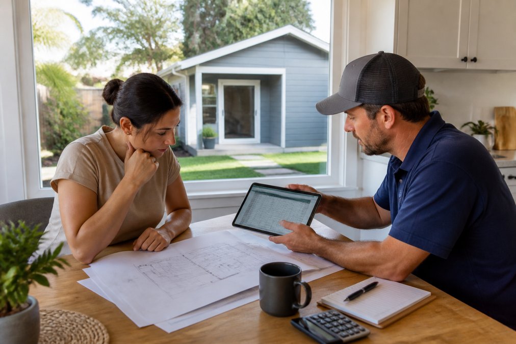 Homeowner and contractor reviewing studio ADU financial data and blueprints at a kitchen table.