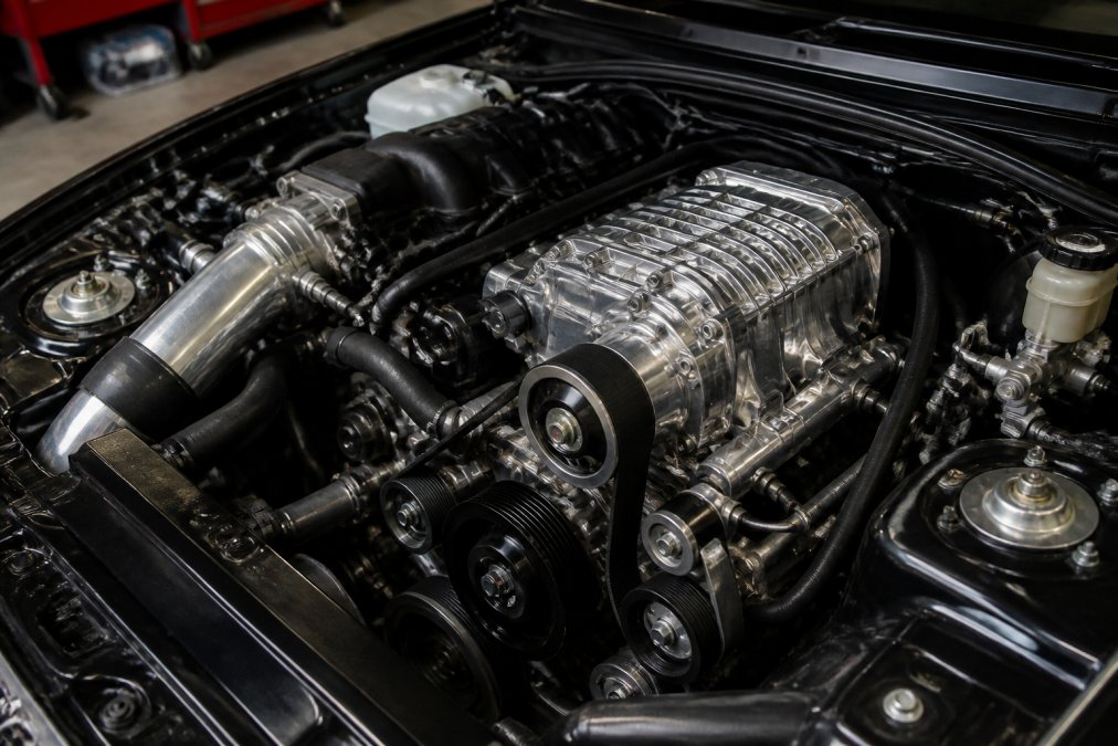 Close-up of a polished aluminum supercharger kit installed in a Mazda Miata engine bay, showing the drive belt, pulleys, and intake plumbing under garage lighting