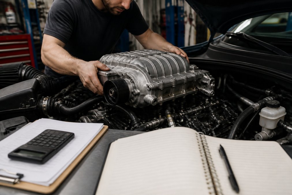 Experienced mechanic working on supercharger installation in a professional automotive shop, hands guiding a twin-screw supercharger into engine bay with precision tools, bright overhead lighting reflecting off polished aluminum components