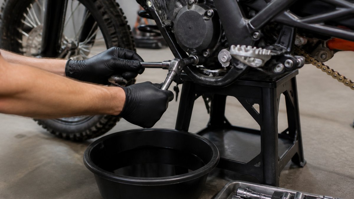 Hands using a socket wrench to remove the drain plug from an electric dirt bike gearbox over a drain pan