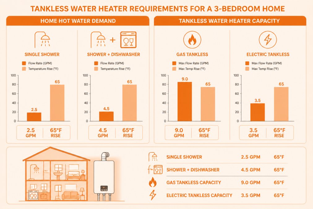 Bar chart comparing flow-rate and temperature-rise requirements for a 3-bedroom home: single shower (2.5 GPM, 65°F rise), simultaneous shower + dishwasher (4.5 GPM, 65°F rise), gas tankless vs. electric tankless capacity side-by-side