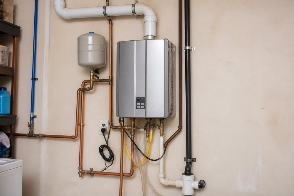 Detailed diagram showing a tankless water heater installation with labeled components including dedicated venting, gas line connection, electrical circuit, water inlet/outlet lines, and condensate drain routing