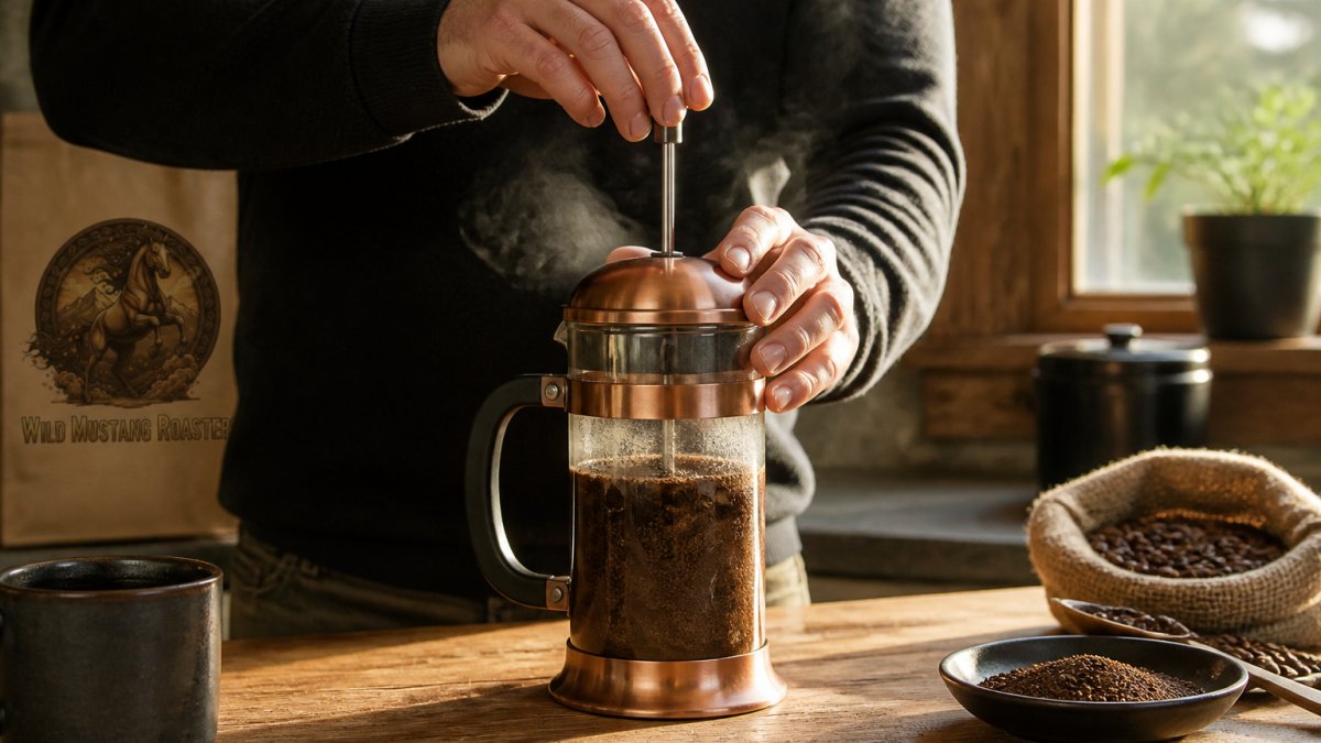 Hands pressing the plunger on a copper French press with rising steam