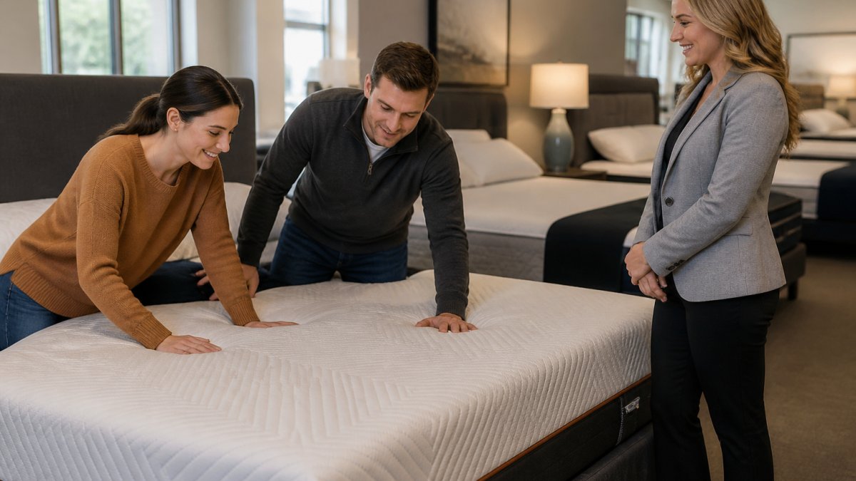 A couple tests the firmness of a Tempur-Pedic mattress in a bright furniture showroom while a salesperson watches.