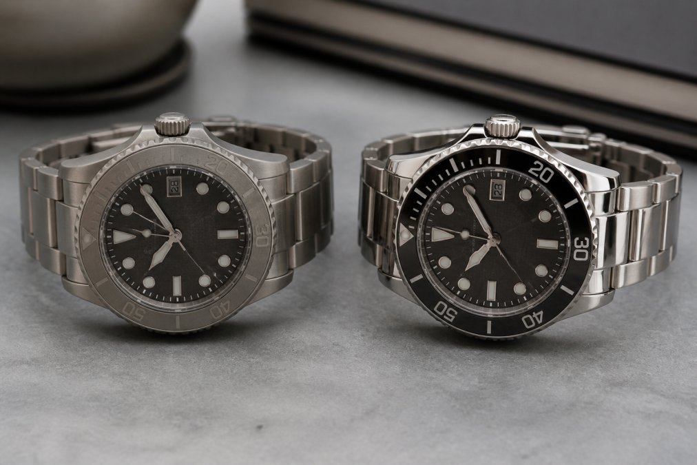 Two watches displayed side-by-side on neutral surface, one titanium with brushed finish, one stainless steel with polished finish, highlighting visual and textural differences