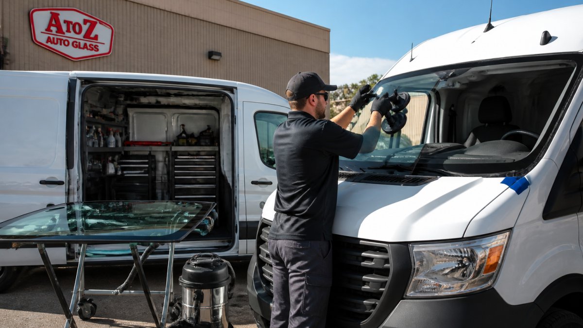Infographic process for mobile windshield repair by a Holman fleet provider for commercial work vans