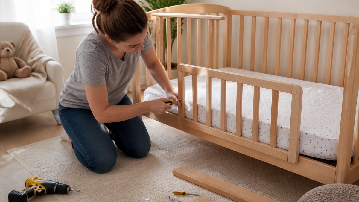 A parent kneeling beside a wooden convertible crib with the front panel lowered, attaching a matching wooden toddler guard rail with a screwdriver, nursery in soft daylight