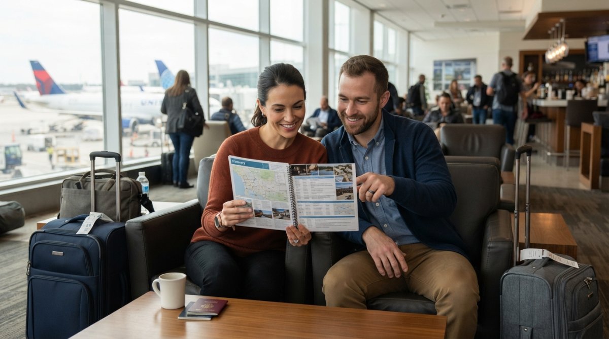 A relaxed couple reviewing a detailed itinerary on a tablet while sitting in a bright airport lounge with suitcases nearby