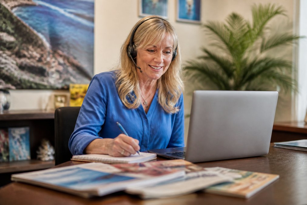 Friendly travel agent reviewing a custom itinerary to show travel agent worth
