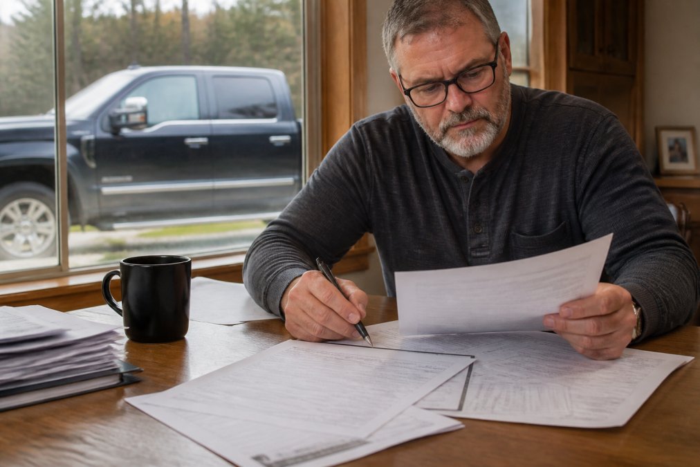 Truck owner reviewing service records and truck extended warranty paperwork at a desk with coffee