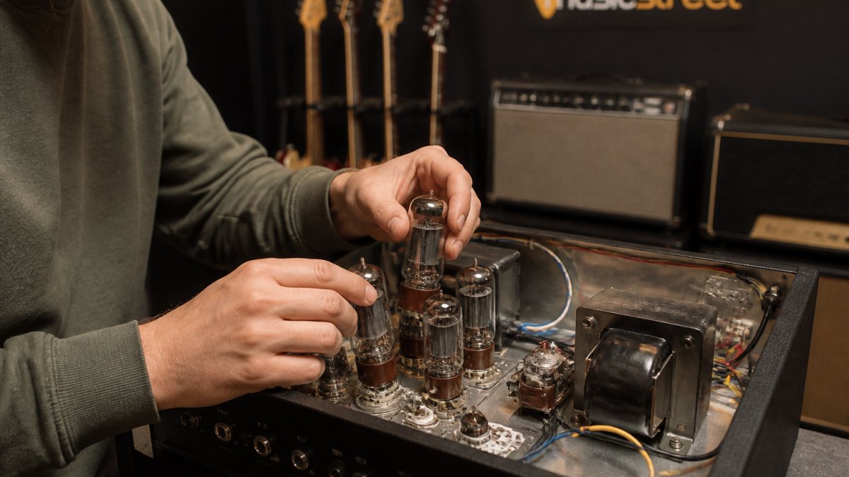 Close-up of a guitarist's hands carefully checking vacuum tubes inside an amplifier, with warm studio lighting highlighting the valve components and internal circuitry