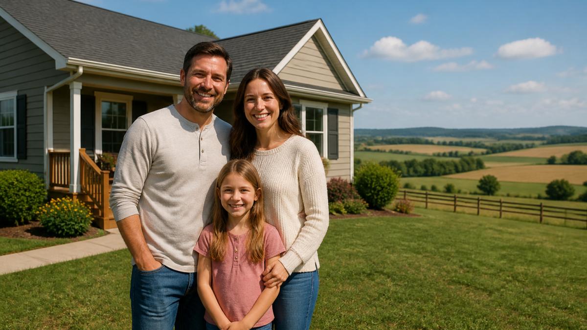 Family standing in front of a single-family home with open farmland and rural landscape visible in the background, natural daylight
