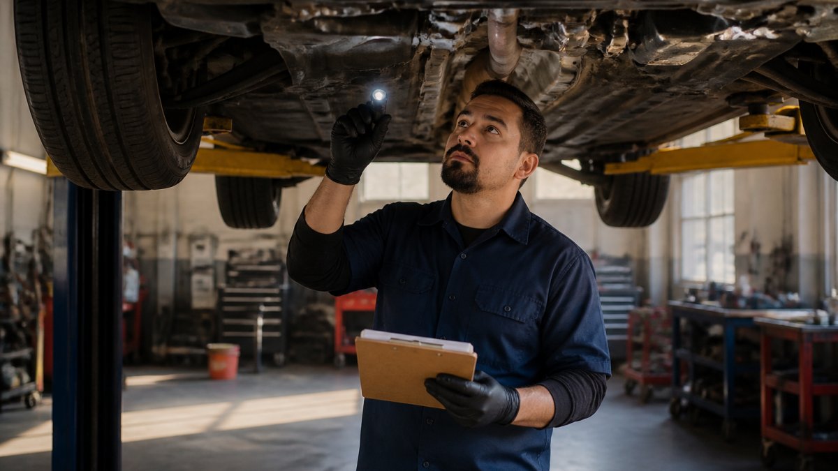 Mechanic using a flashlight to inspect the engine bay and undercarriage of a used car under 10k during a checkup.