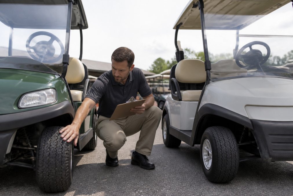 A person inspecting a used golf cart in a dealership lot, checking the tires and frame with a clipboard in hand, bright daylight