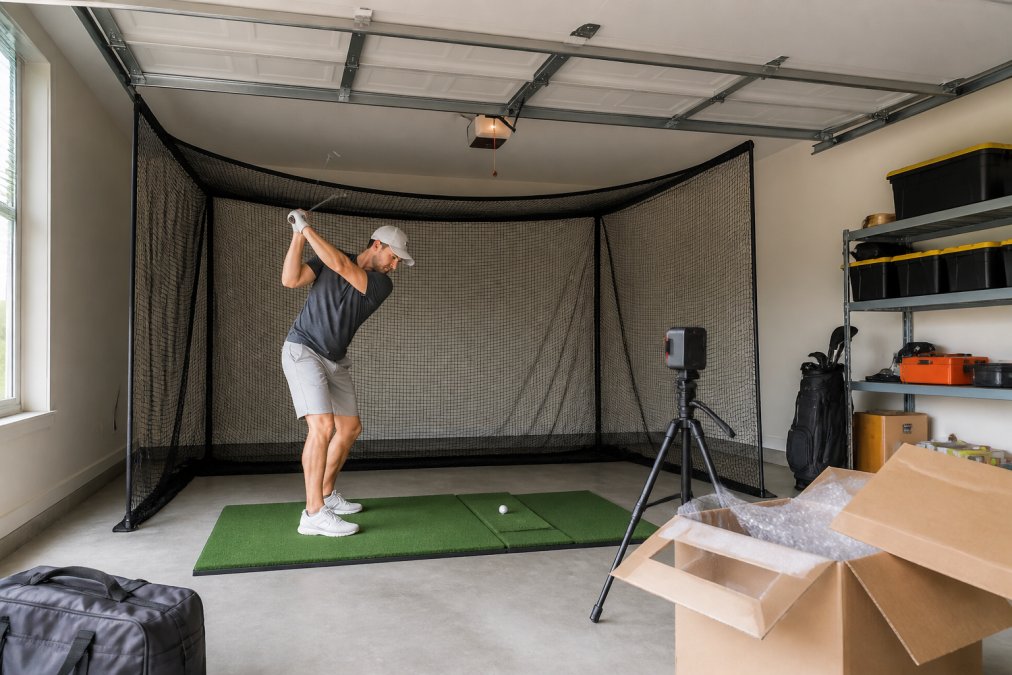 A beginner golfer practicing a swing inside a home garage setup with a net, hitting mat, and a portable launch monitor on a tripod, with ample ceiling clearance visible
