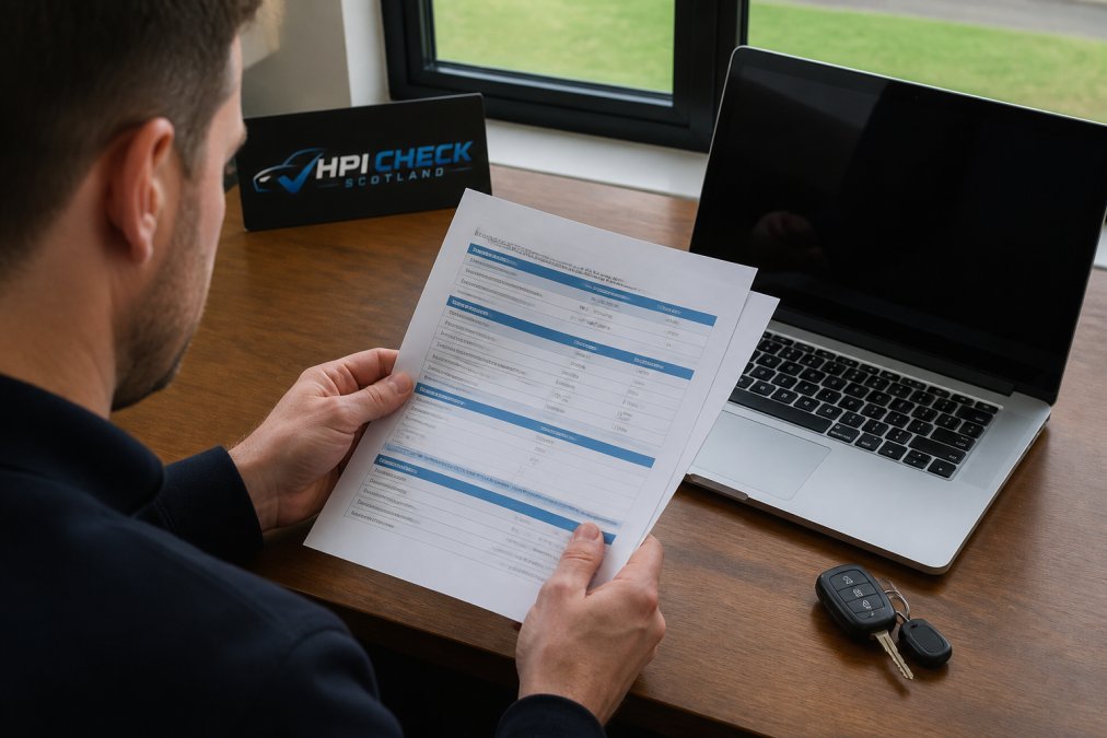 Person sitting at a desk reviewing a printed vehicle history document alongside a laptop, with car keys resting on the table nearby, under warm indoor lighting