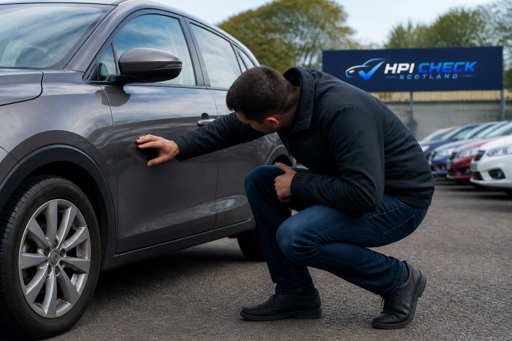 A mechanic crouching beside a used car in a car park, examining the bodywork and wheel arch closely in natural daylight before a purchase