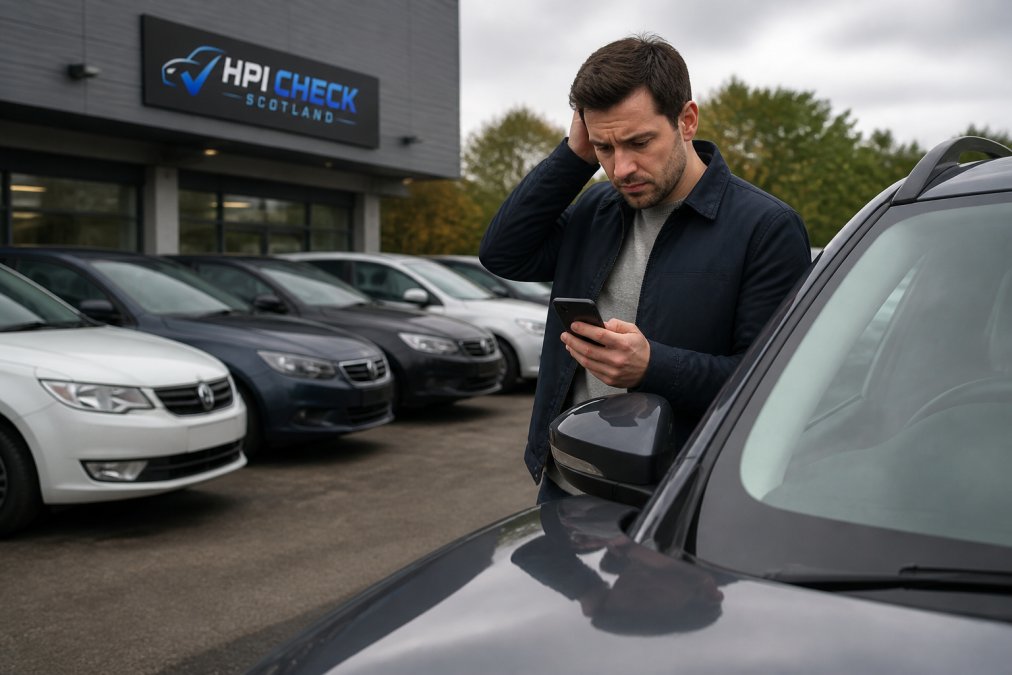 A shopper in a used car dealership lot looking at a vehicle with a concerned expression while holding a smartphone, overcast daylight