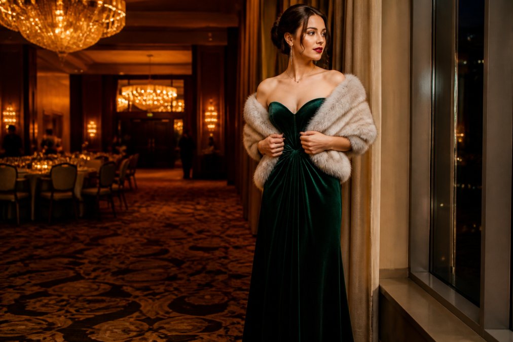 A woman wearing a floor-length emerald velvet evening gown with a faux fur stole draped over her shoulders, standing beside a tall window in an elegant hotel function room with warm amber lighting