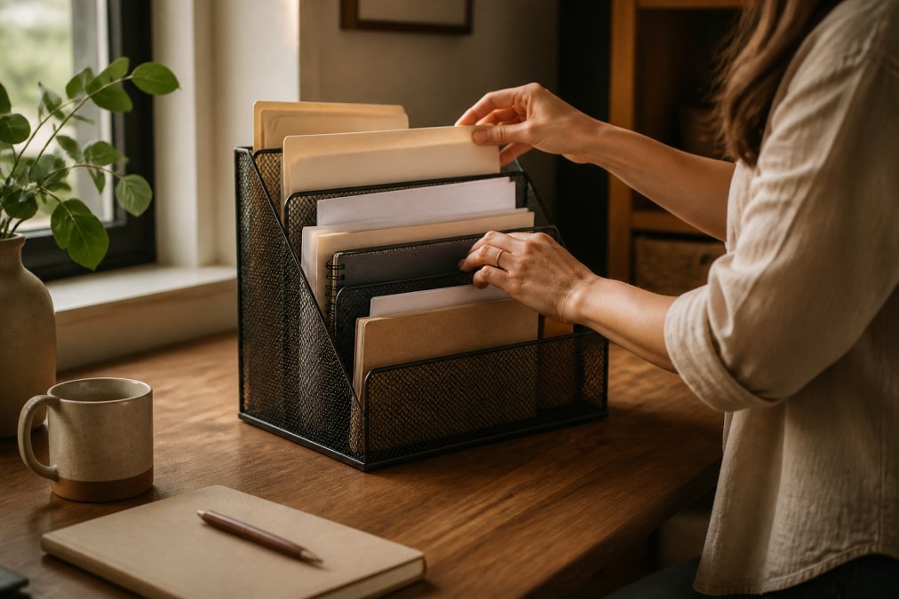 A woman's hands arranging files into a tiered vertical desk organizer on a small wooden home office desk, with a laptop and coffee mug nearby, soft natural window light, shallow depth of field highlighting the organized desk surface