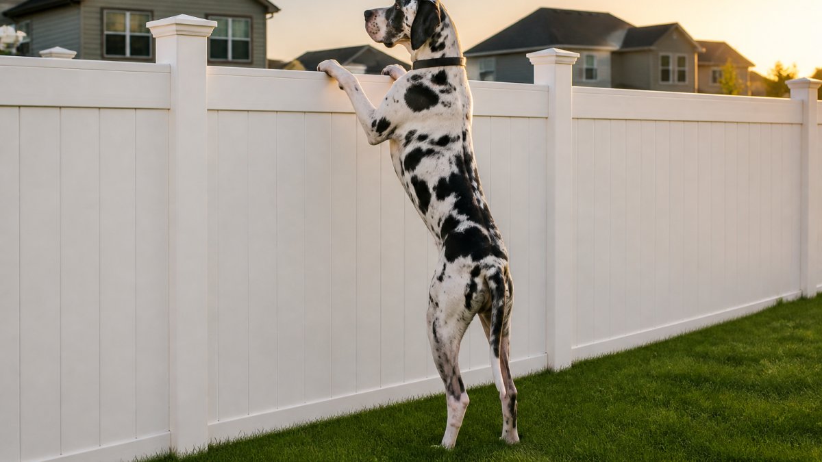Large dog standing on a six-foot white vinyl privacy fence to see if a vinyl fence is worth it for dogs.