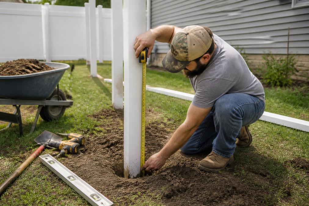 A fence installer setting a vinyl fence post in a residential backyard, checking the depth of the hole with a tape measure, with a level and other tools on the ground nearby