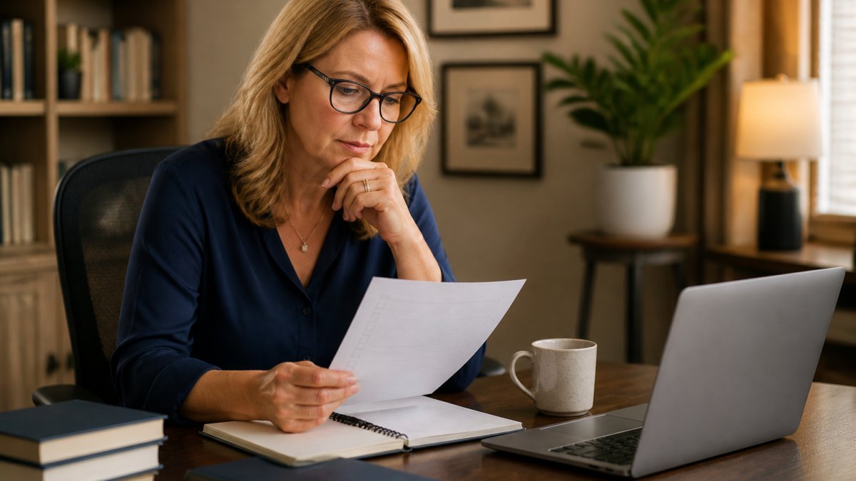 A nonfiction author reviewing a printed checklist at a desk with a laptop open to a video conferencing platform, notebook and coffee nearby, warm home office lighting