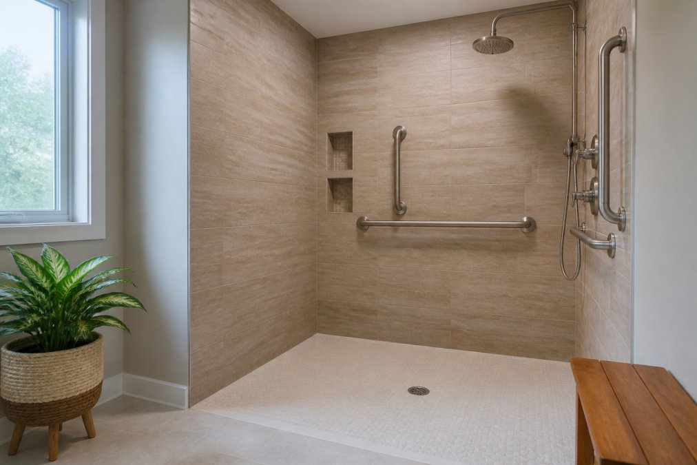 Spacious walk-in shower with curbless entry, grab bars installed on tiled walls, rainfall showerhead, and non-slip flooring showing accessibility-focused design with natural bathroom lighting