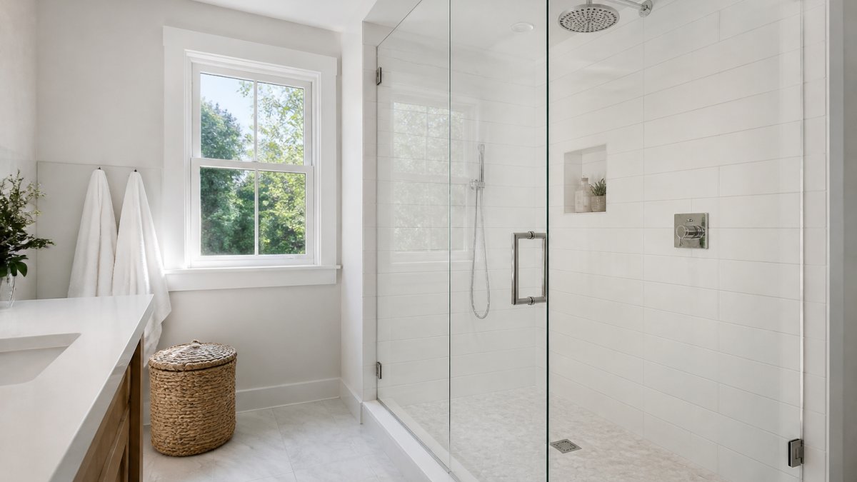 Modern walk-in shower with frameless glass enclosure, white subway tile walls, and contemporary chrome fixtures in a bright bathroom with natural window light