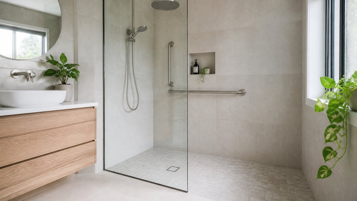 Modern curbless walk-in shower with a rainfall head and safety bars, showing why a walk-in shower worth is high for seniors.
