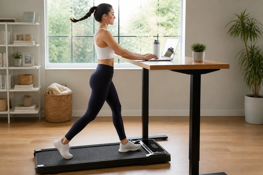 Remote professional walking on a compact under-desk treadmill while typing at their desk in a home office, showing natural posture and work focus with natural window lighting