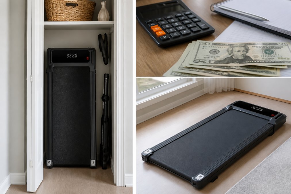 Foldable walking treadmill stored vertically in a small apartment closet, demonstrating compact storage solution next to other household items with natural lighting
