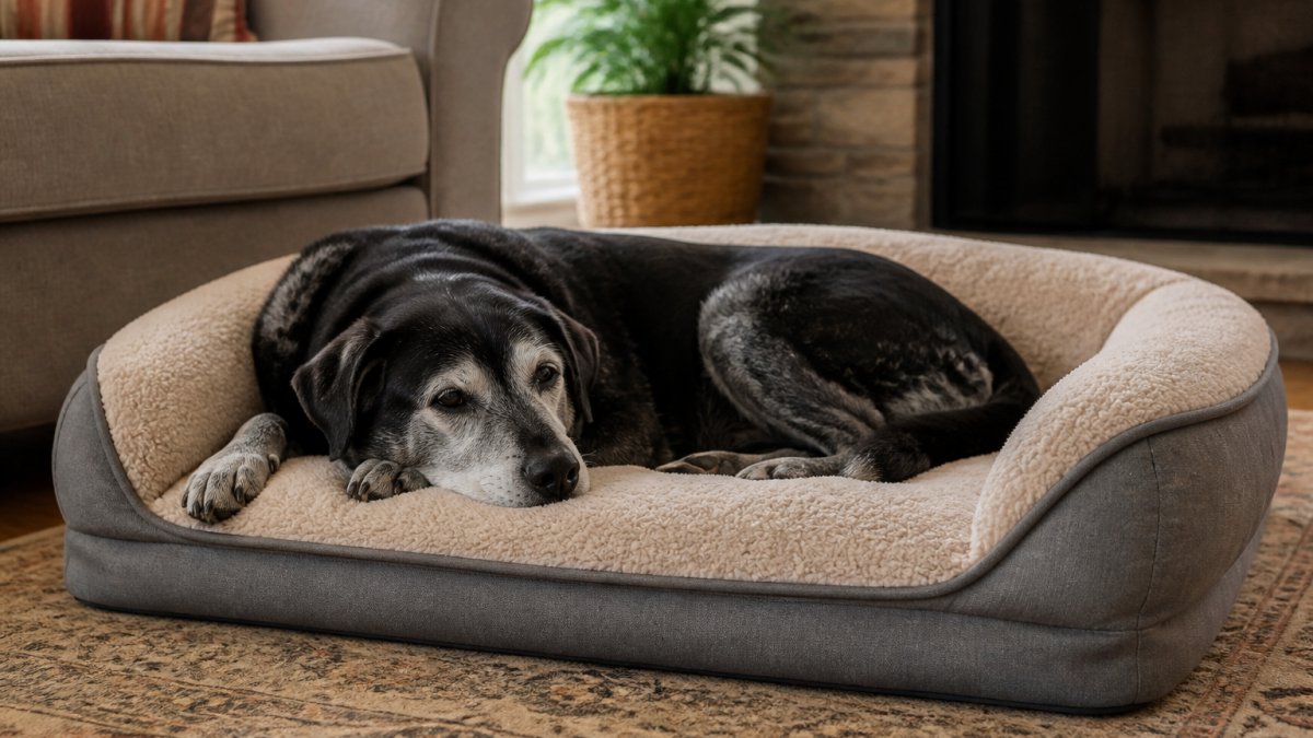 Infographic illustrating the health benefits of orthopedic beds for senior dogs with removable covers