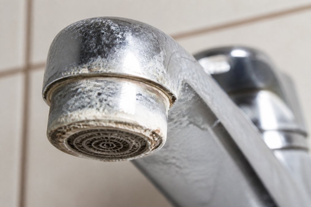 Diagram showing mineral buildup on a faucet to explain why a water filtration system worth it for your home.