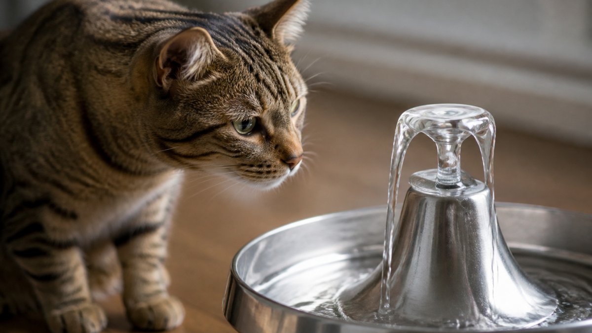 A tabby cat leaning toward a flowing water fountain with water visibly streaming from the spout, the cat's eyes focused intently on the moving water