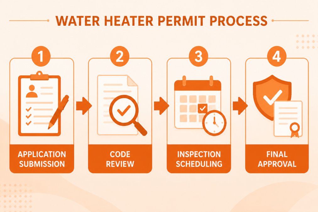 Flowchart showing permit process: application submission → code review → inspection scheduling → final approval