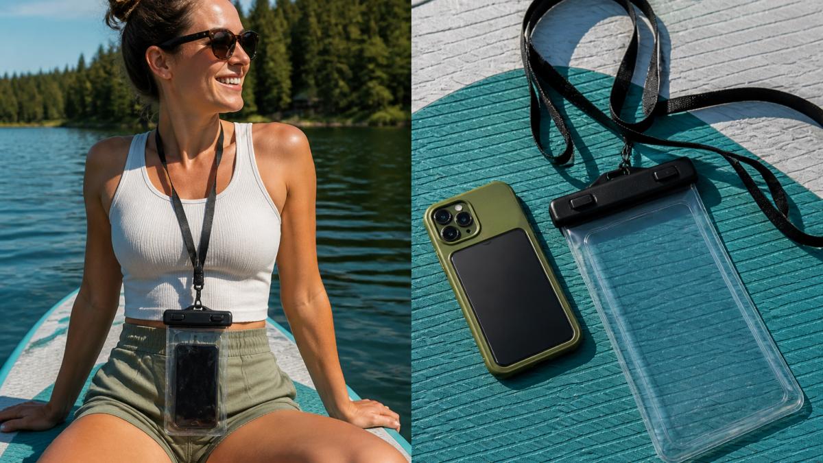 A woman on a paddleboard wearing a waterproof phone pouch around her neck, sunlight on the water, casual summer outfit, phone visible through the clear pouch