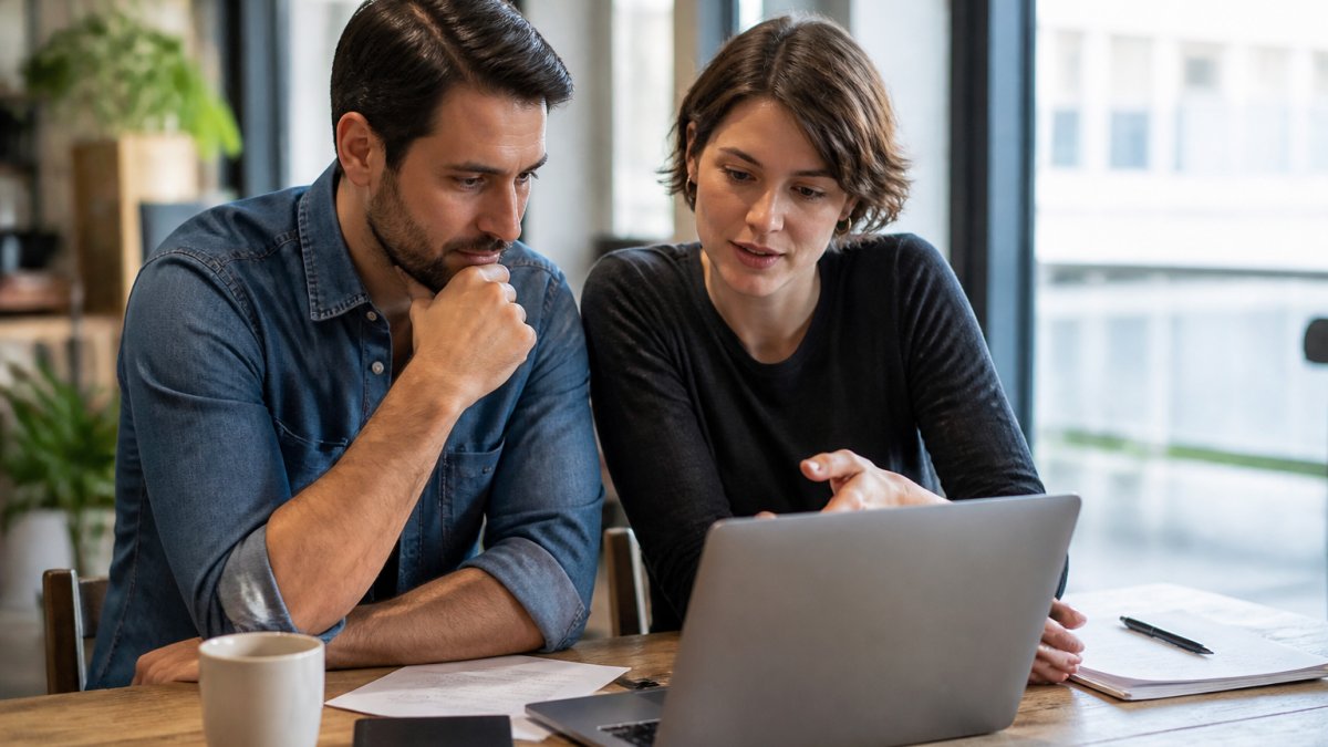 Business owner and web designer analyzing website redesign analytics on a laptop in a bright office
