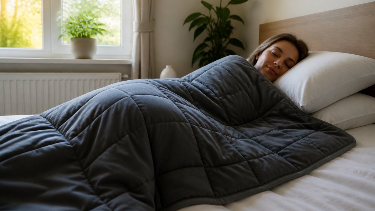 Person lying peacefully in bed under a weighted blanket in a softly lit bedroom with morning light streaming through a window, appearing calm and relaxed
