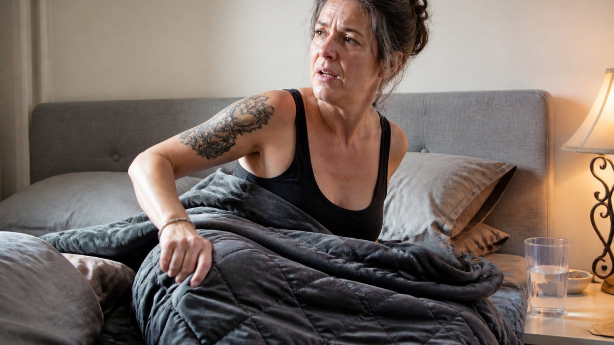 A woman in her late 40s sitting up in bed at night, pushing a heavy blanket off her legs, looking flushed and frustrated, bedside lamp on, glass of water nearby