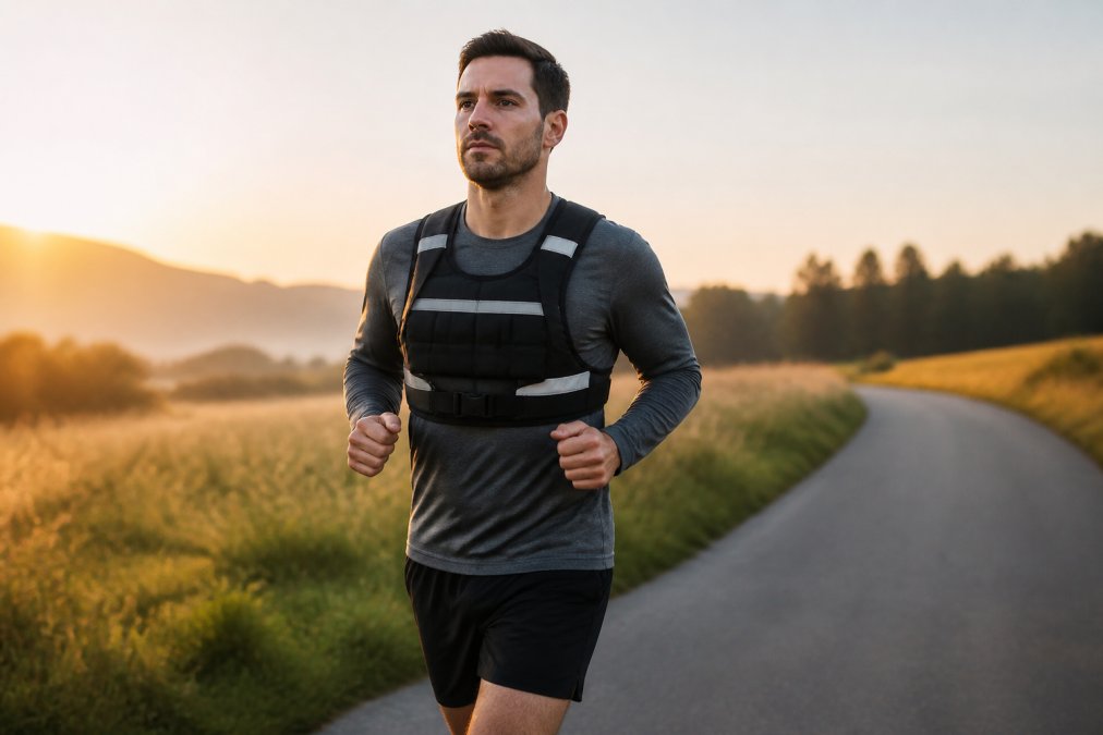 Runner with a reflective weighted vest jogging on a paved outdoor trail at sunrise, demonstrating if is a weighted vest good