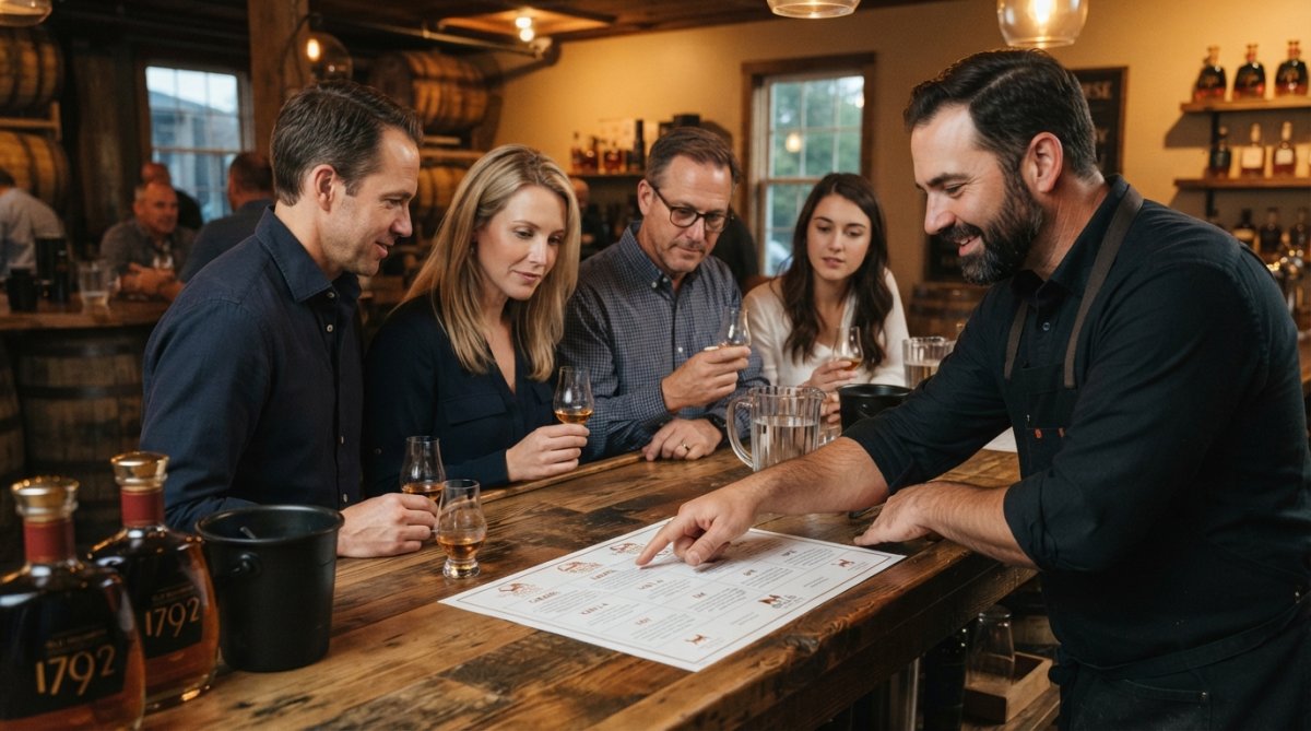 Small group of adults gathered around a wooden tasting bar, examining bourbon in crystal glasses under warm amber lighting, with a sommelier pointing to tasting notes on a mat