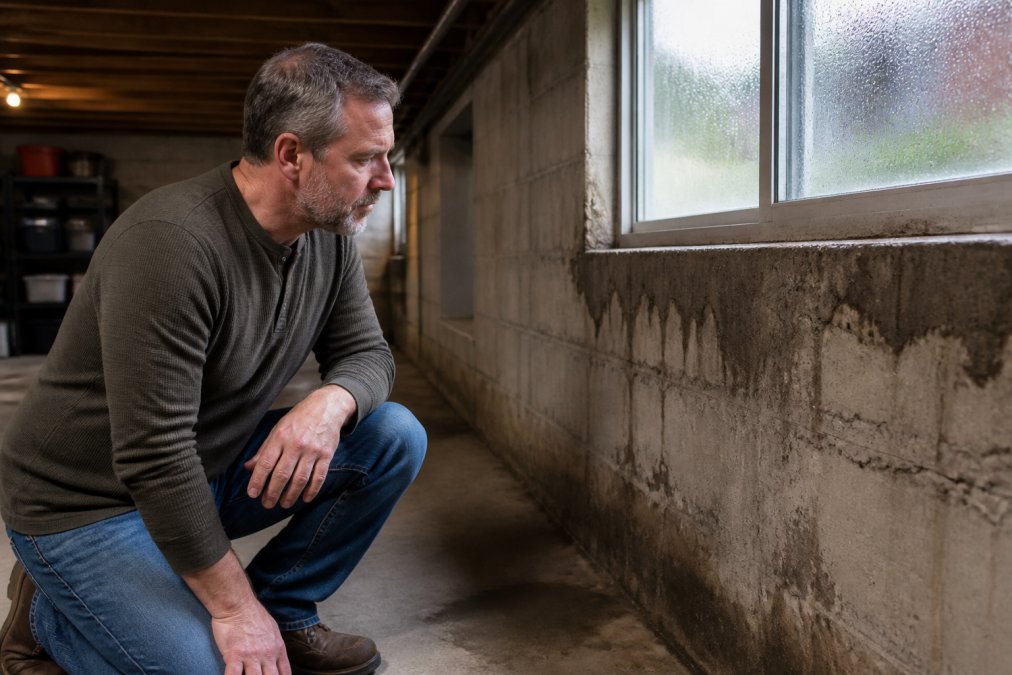 Homeowner inspecting basement wall showing visible moisture stains, condensation on windows, and musty odors in dim lighting conditions