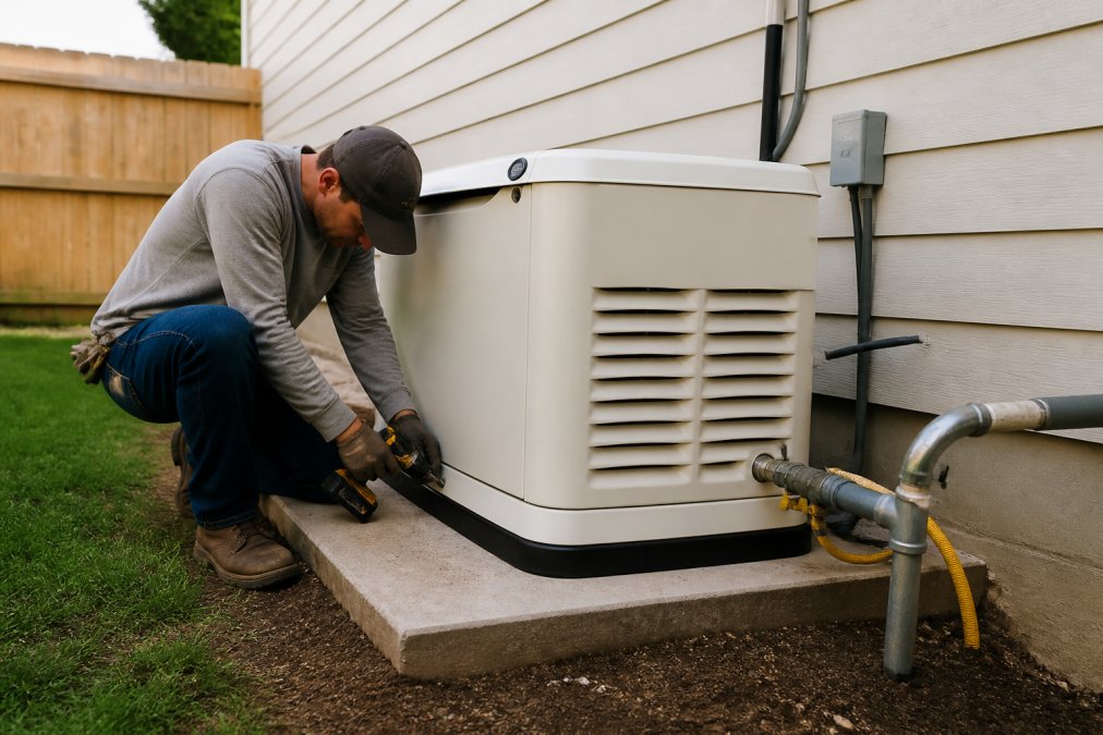 A licensed electrician in work attire securing a standby generator unit onto a concrete pad beside a suburban home, with the gas line connection visible in the foreground