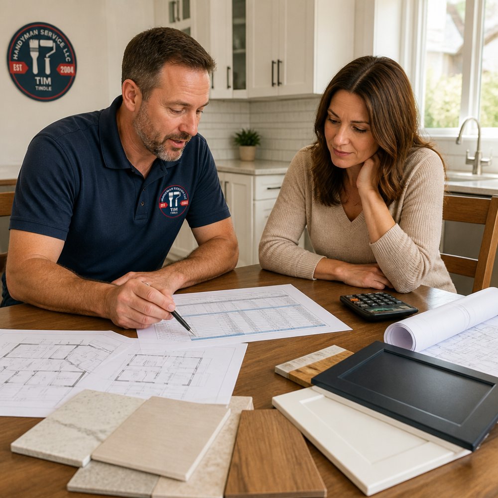 Contractor and homeowner reviewing a whole house remodel worth cost spreadsheet and renovation blueprints