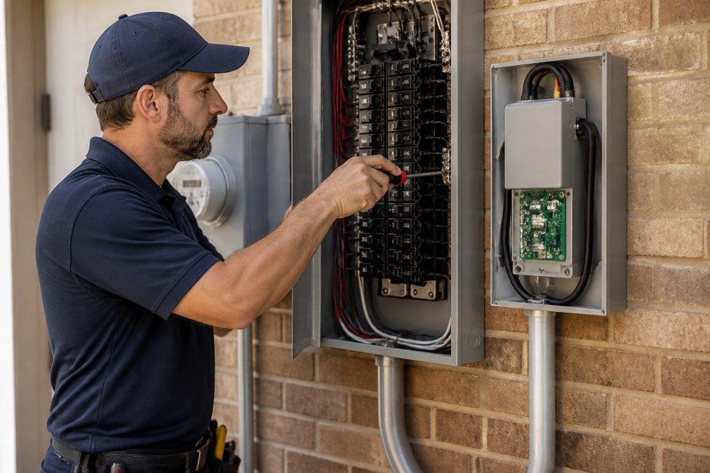 A licensed electrician in work attire mounting a whole house surge protector beside a residential breaker panel, holding a screwdriver with the panel cover removed, bright workshop lighting