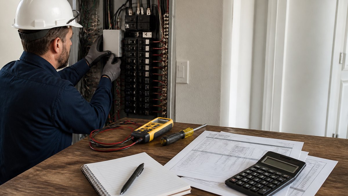 A licensed electrician in safety gear working on an open residential electrical panel, mounting a surge protection device beside the breaker row, with tools and a voltage tester on a nearby surface